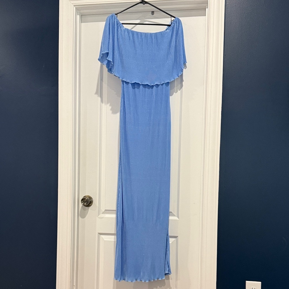 Light Blue Off-Shoulder Maxi Dress with Ruffle Overlay